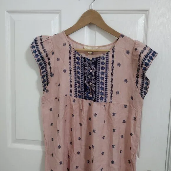Sweet Wanderer Boho Peasant Top Medium Pink Blue Print Flowy Lightweight - Picture 5 of 8